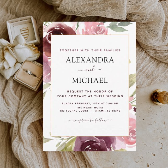Romantische Burgundy Pink Floral Wedding Einladung (Von Creator hochgeladen)