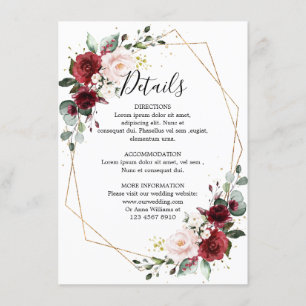 Romantische Burgundy Red Floral Geometric Wedding Begleitkarte