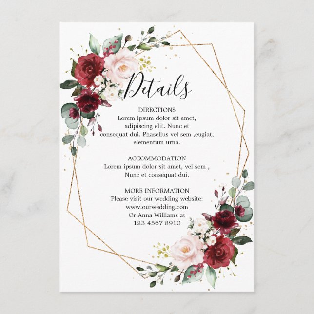 Romantische Burgundy Red Floral Geometric Wedding Begleitkarte (Vorderseite)