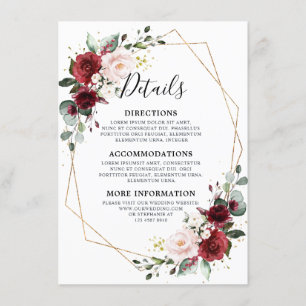 Romantische Burgundy Red Floral Geometric Wedding Begleitkarte