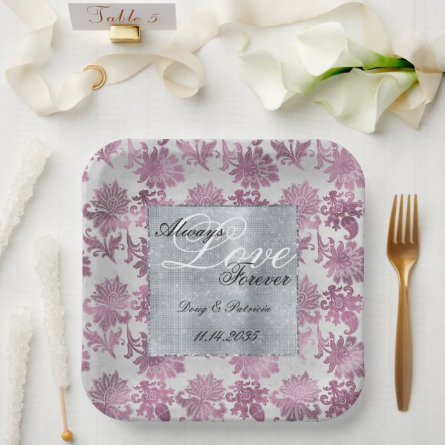 Romantische Burgundy Red Silver Floral Wedding Pappteller (Hochzeit)