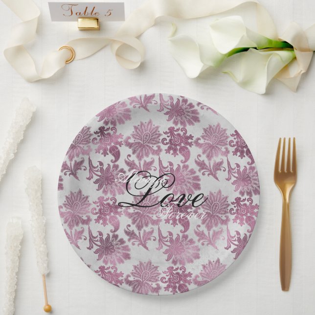 Romantische Burgundy Red Silver Floral Wedding Pappteller (Hochzeit)