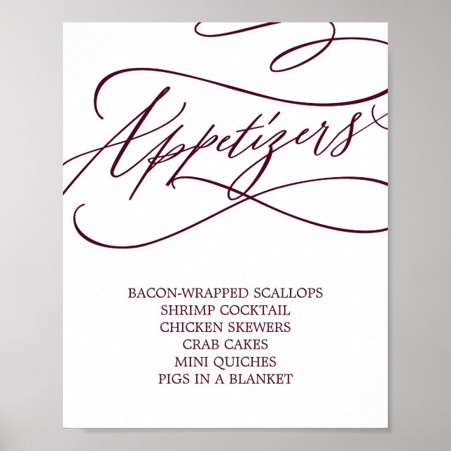 Romantische Burgundy Text Wedding Appetizers Poster (Vorne)