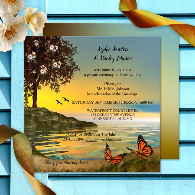 Romantische Butterfly Post oder nach Hochzeit Einl Einladung (Wedding reception only invitation featuring a sunset at a lake with butterflies and blossoming tree)