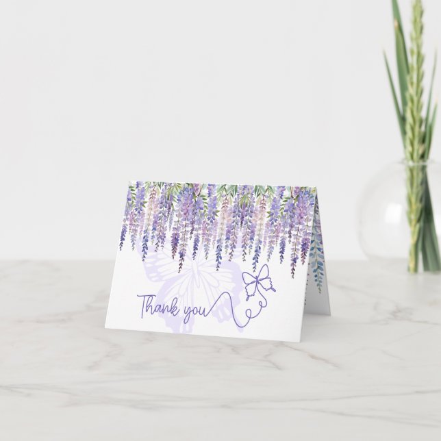 Romantische Butterfly & Wisteria Floral Wedding Dankeskarte (Vorderseite)