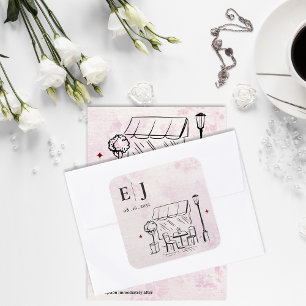 Romantische Café-Illustration Hochzeitsmonogramm Quadratischer Aufkleber