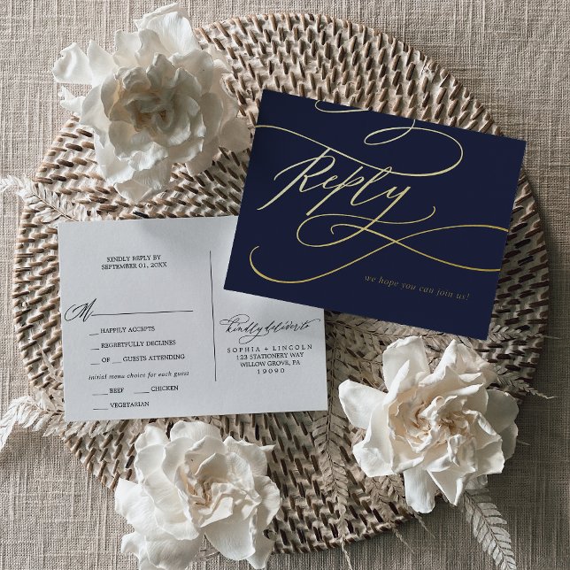 Romantische Calligraphie Gold Foil Navy Blue Meal  Folie Einladungspostkarte (Von Creator hochgeladen)