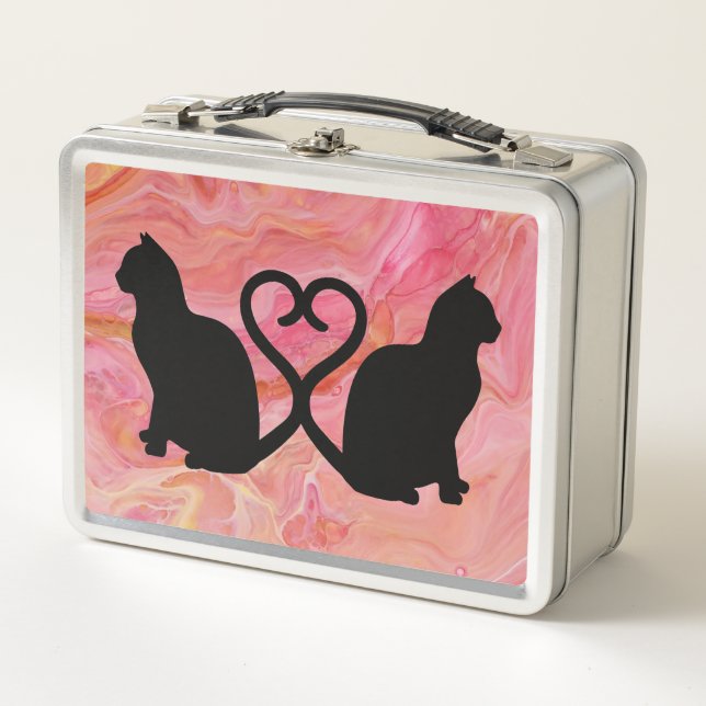 Romantische Cat Silhouette Herz mit rosa Marmor Metall Brotdose (Vorderseite)