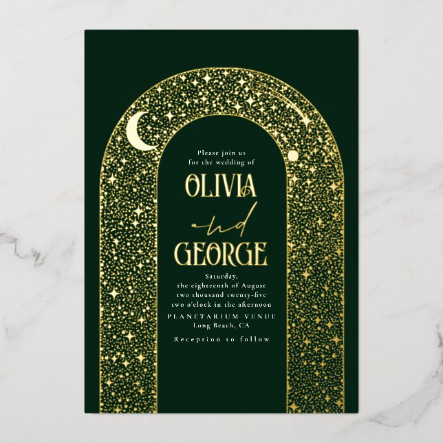Romantische Celestie Wedding Emerald Green & Gold Folieneinladung (Vorderseite)