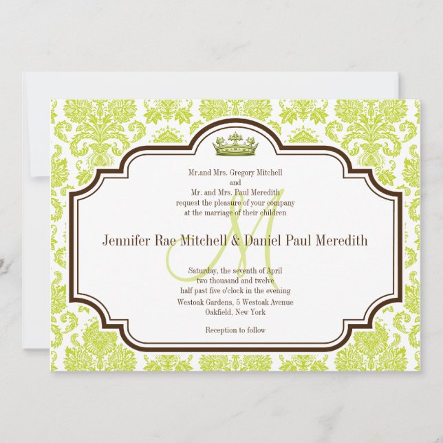 Romantische Chartreuse Damask Hochzeitseinladungen Einladung (Vorderseite)