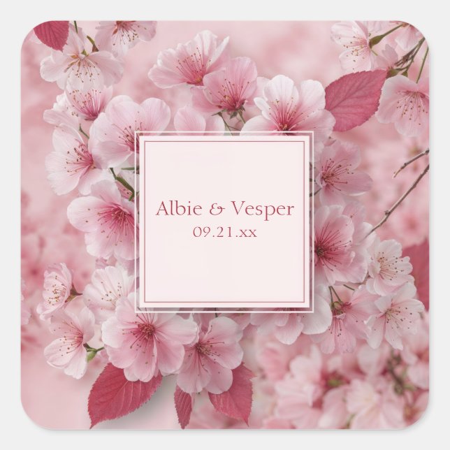 Romantische Cherry Blossom Hochzeit Quadratischer Aufkleber (Vorderseite)