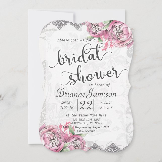 Romantische Chic Peony Lace Bridal Dusche Einladun Einladung (Vorderseite)