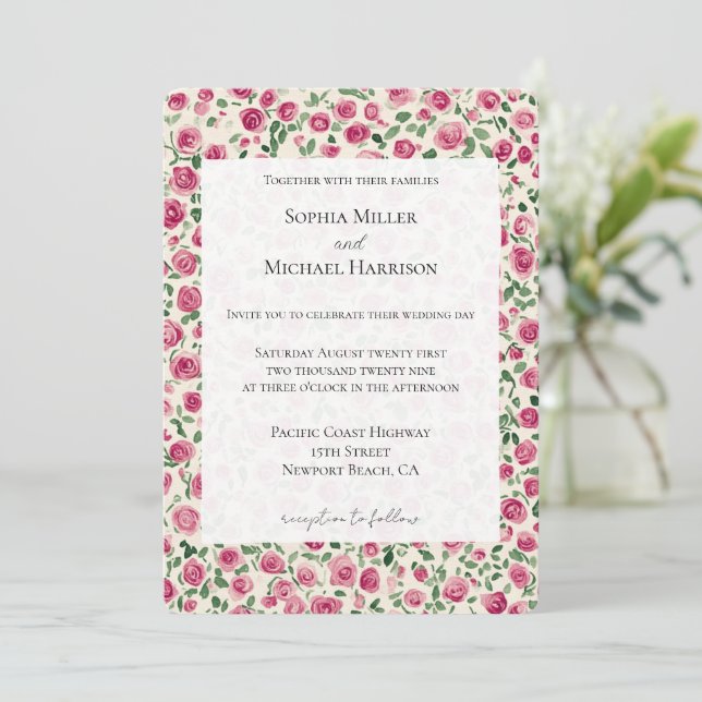 Romantische Chic Pink Roses Blumenhochzeit Einladung (Stehend Vorderseite)