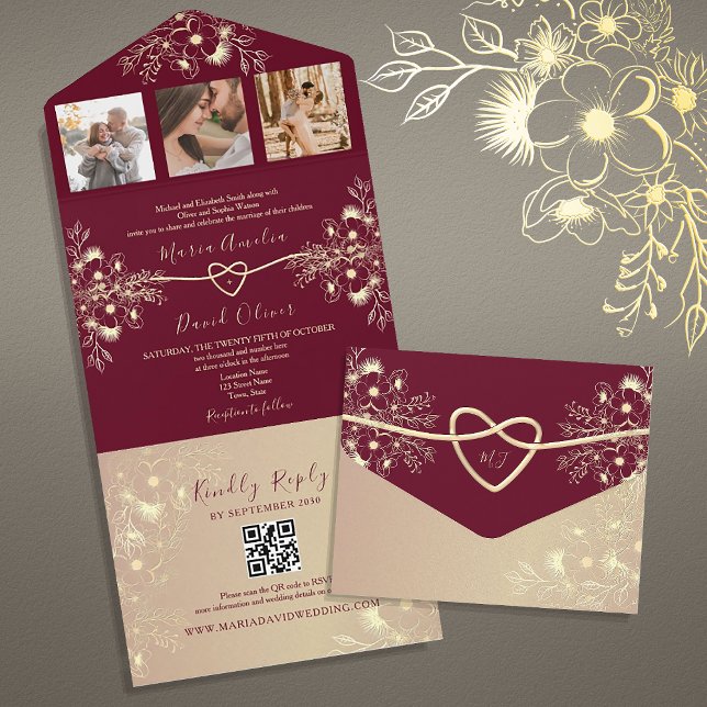 Romantische Chinoiserie Burgund und Goldhochzeit All In One Einladung (Von Creator hochgeladen)