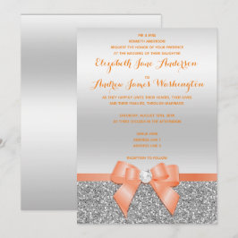 Romantische Coral Bow & Silver Glitzer Hochzeit Einladung