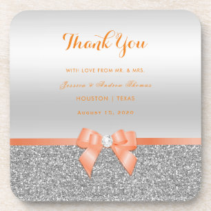 Romantische Coral Bow & Silver Glitzer Hochzeit Getränkeuntersetzer