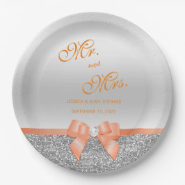 Romantische Coral Bow & Silver Glitzer Hochzeit Pappteller