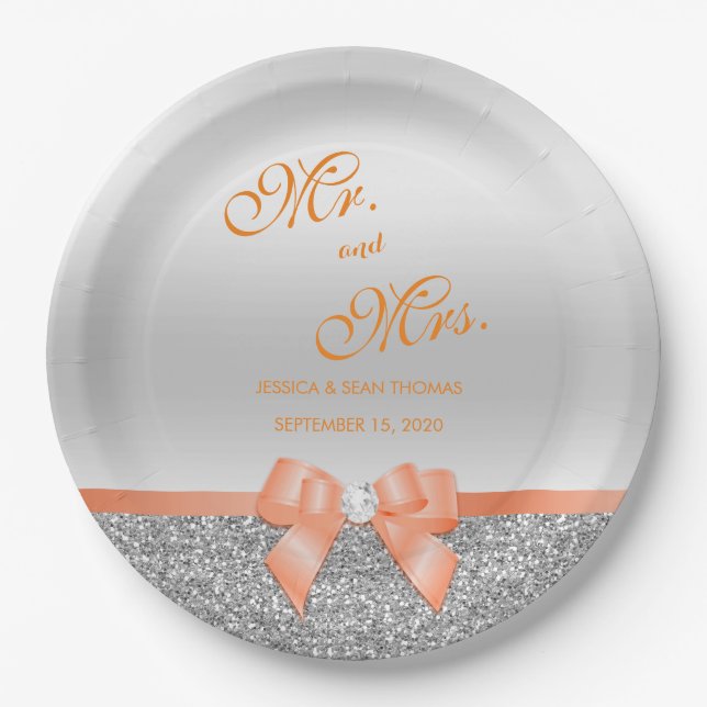 Romantische Coral Bow & Silver Glitzer Hochzeit Pappteller (Vorderseite)