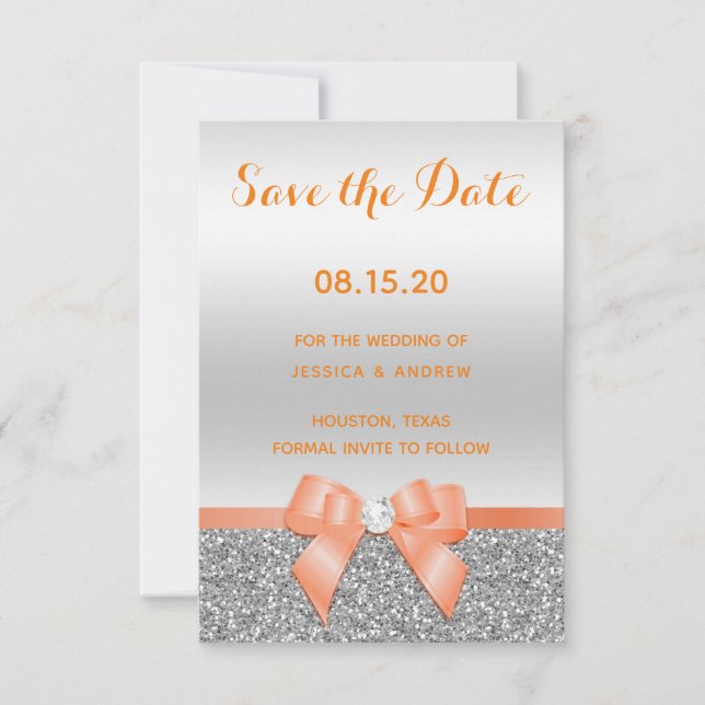 Romantische Coral Bow & Silver Glitzer Hochzeit Save The Date (Vorderseite)