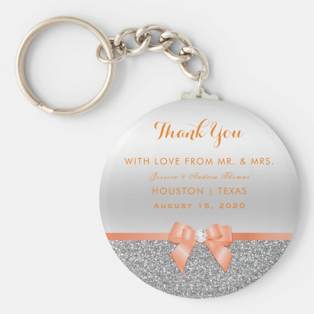 Romantische Coral Bow & Silver Glitzer Hochzeit Schlüsselanhänger (Vorne)