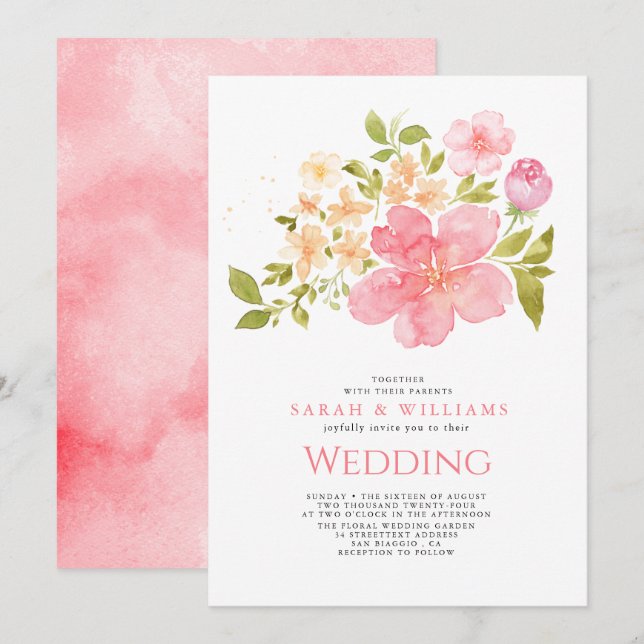 Romantische Coral Peach Blume Floral Boho Wedding Einladung (Vorne/Hinten)