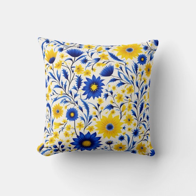 Romantische Cornflower Blau und Gelbe Blüte Kissen (Vorderseite)