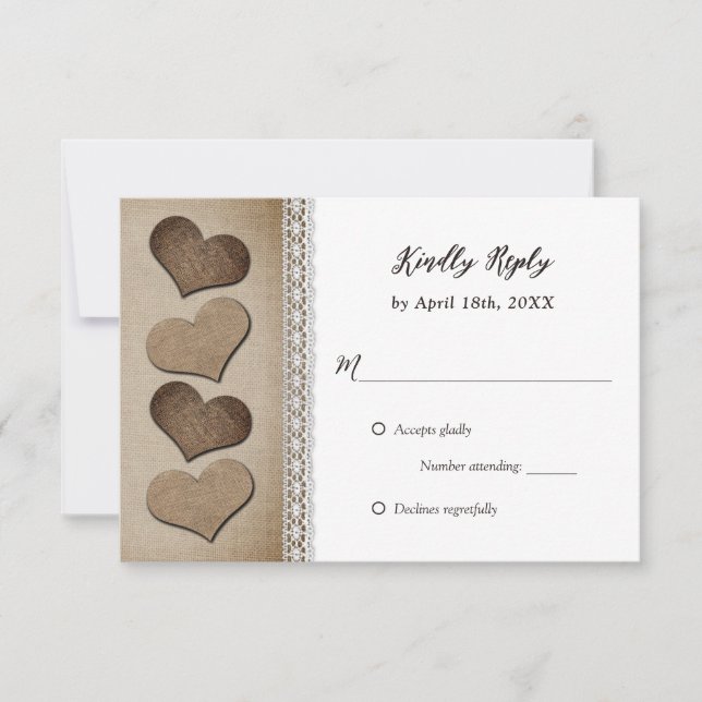 Romantische Country Burlap Hearts Lace Wedding RSVP Karte (Vorderseite)