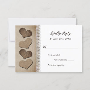 Romantische Country Burlap Hearts Lace Wedding RSVP Karte
