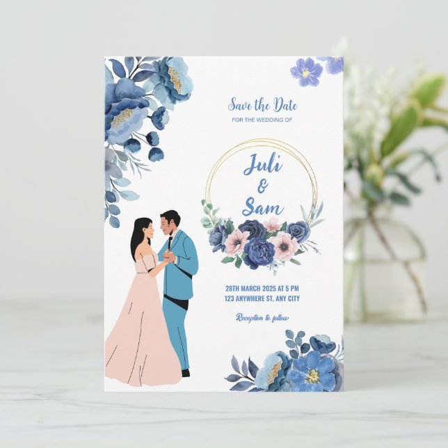 Romantische Couple Dancing Design Blue Floral Wedd Einladung (Stehend Vorderseite)