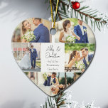 Romantische Couple Foto Collage Herzlich Willkomme Keramik Ornament<br><div class="desc">Dieses wunderschöne, frisch vermählte Paar mit einem herzförmigen Weihnachtsgeschenk zeigt ein klassisches Layout von 5 Fotos auf weißem Hintergrund mit Namen, Ort und Datum der verheirateten Ehepaare. Ein wunderbares Erinnerungsgeschenk für Ihre Ehefrau oder Ihren Ehemann, das Foto für immer zu genießen. Fügen Sie ein vollständiges Foto auf der Rückseite hinzu....</div>