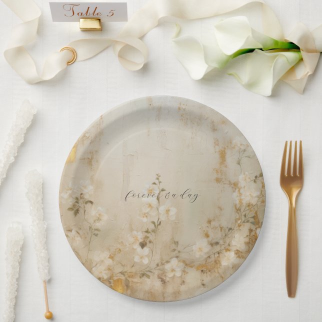Romantische Cream White Gold Floral Wedding Pappteller (Hochzeit)