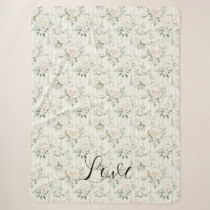 Romantische Creme Blumenstreifen Grüne Blätter Sherpadecke