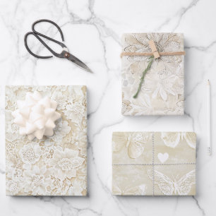 Romantische Creme Elfenbein Blumen Hochzeit Geschenkpapier Set