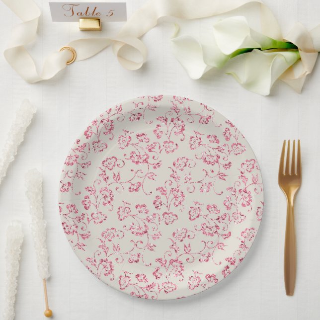 Romantische Creme Pink Glitzer Blumenzehen Pappteller (Hochzeit)