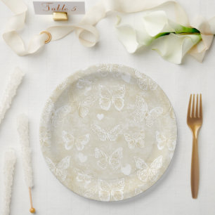 Romantische Creme Schmetterlinge Herzen Brautparty Pappteller