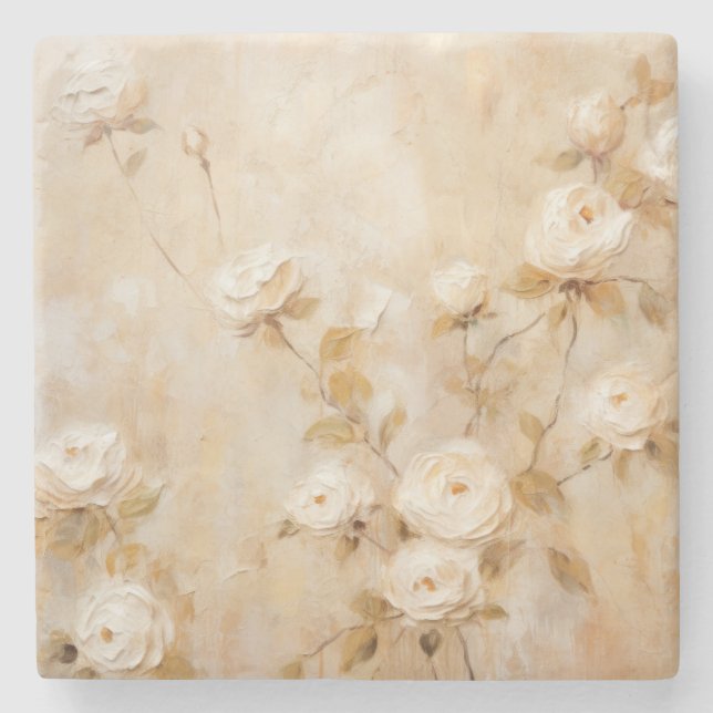Romantische Creme White Roses Steinuntersetzer (Vorderseite)