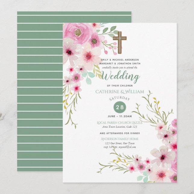 Romantische Cross WEDING lädt zu floralen Pink Sag Einladung (Vorne/Hinten)