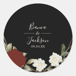 Romantische Deep Rose Floral Winter Black Wedding Runder Aufkleber