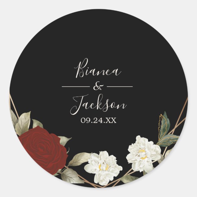 Romantische Deep Rose Floral Winter Black Wedding Runder Aufkleber (Vorderseite)