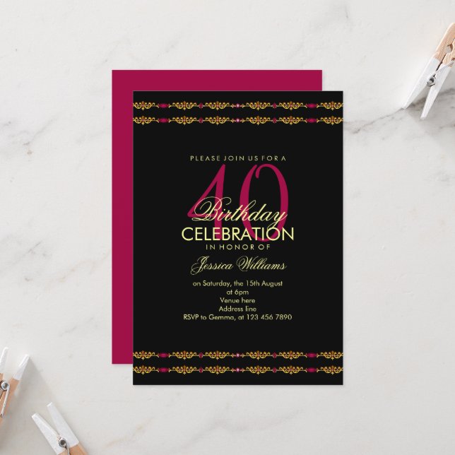 Romantische Dekorationsgrenze, Garnet Gem Birthday Einladung (Vorderseite/Rückseite Beispiel)