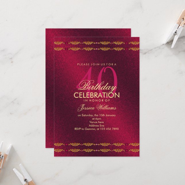 Romantische Dekorationsgrenze, Garnet Gem Birthday Einladung (Vorderseite/Rückseite Beispiel)