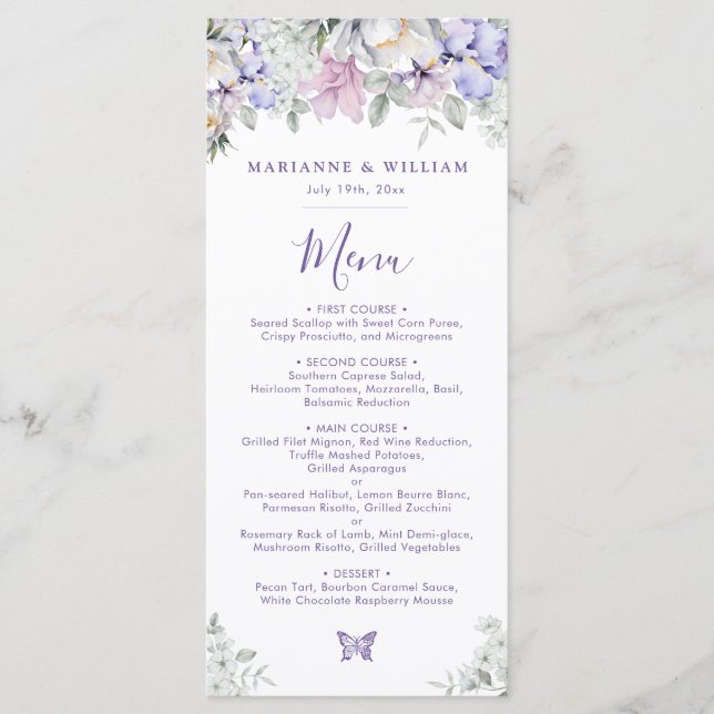 Romantische Delikatessen mit floralen Lavendel Hoc Menükarte (Vorderseite)