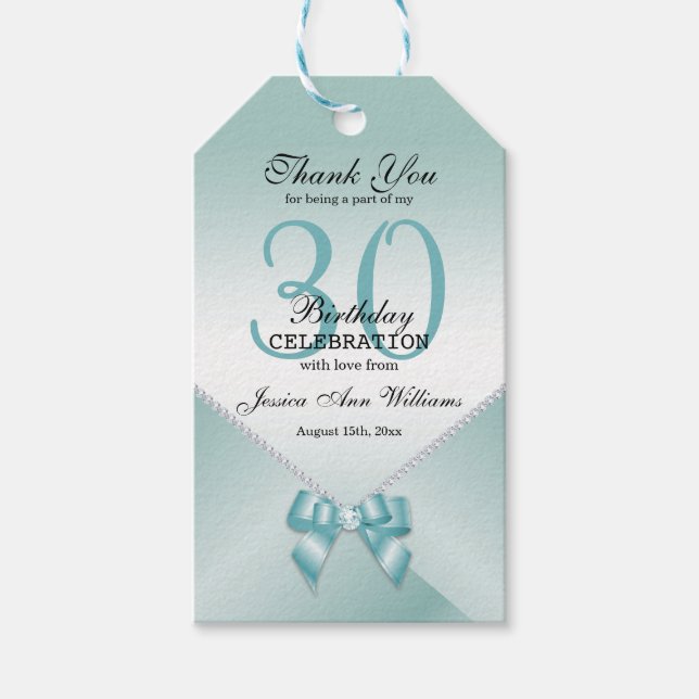 Romantische Diamanten & Aquamarine Bow 30. Geburts Geschenkanhänger (Vorderseite)