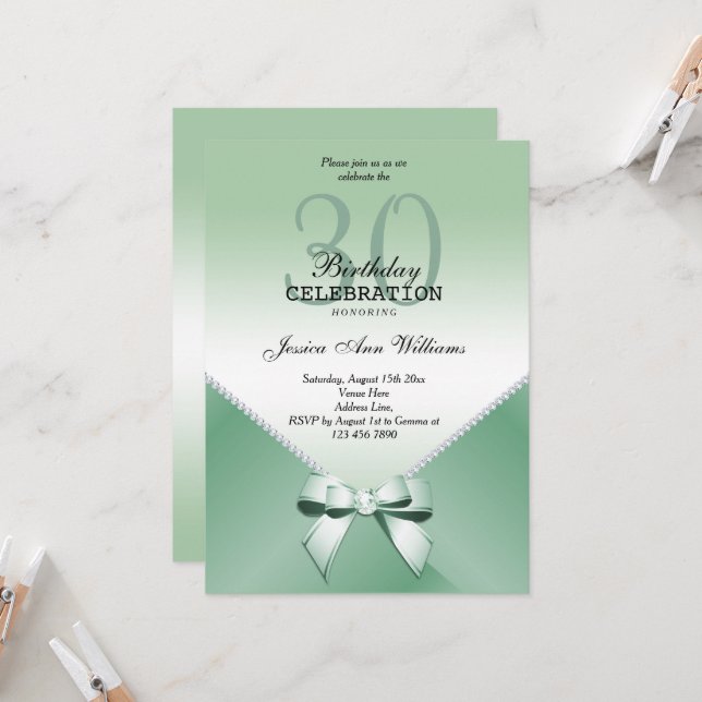 Romantische Diamanten & Mint Green Bow 30. Geburts Einladung (Vorderseite/Rückseite Beispiel)