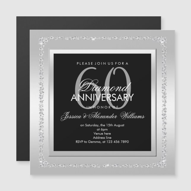 Romantische Diamanten Silver 60. Hochzeitstag Magneteinladung (Vorne/Hinten)