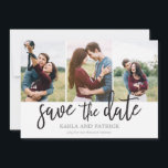 Romantische Drehbuch-Collage Save the Date<br><div class="desc">Diese minimale 3-Foto-Save the Date-Karte verfügt über ein wunderschönes,  freudvolles,  handgemaltes Skript. Fügen Sie der Rückseite ein zusätzliches Foto und einen benutzerdefinierten Text hinzu.</div>