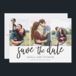 Romantische Drehbuch-Collage Save the Date<br><div class="desc">Diese minimale 3-Foto-Save the Date-Karte verfügt über ein wunderschönes,  freudvolles,  handgemaltes Skript. Fügen Sie der Rückseite ein zusätzliches Foto und einen benutzerdefinierten Text hinzu.</div>