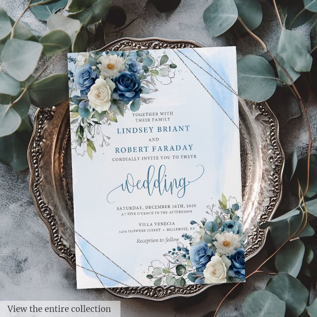 Romantische dunkelblaue Silberne Rose Hochzeitsfei Einladung (Romantic Dark Blue Silver Roses Wedding Invitation)