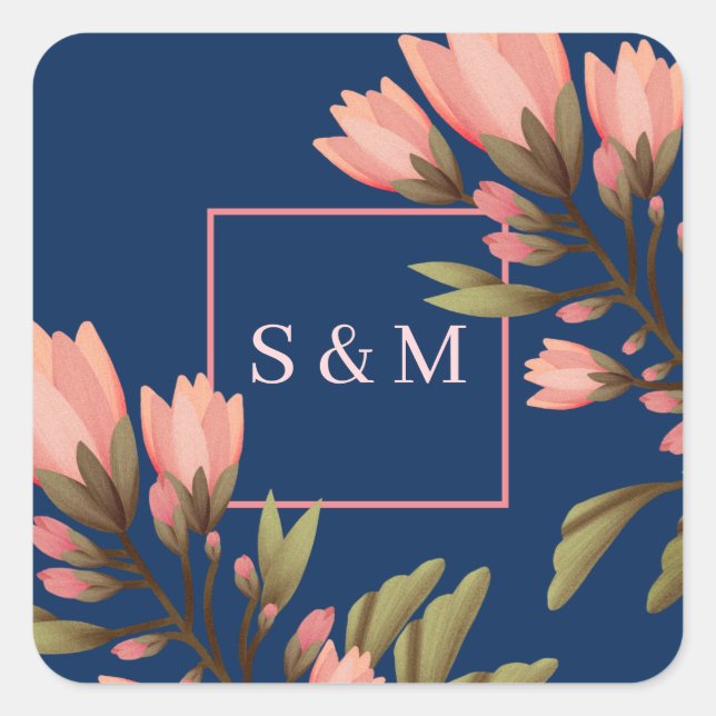 Romantische dunkelblaue und rosa Blume Quadratischer Aufkleber (Vorderseite)