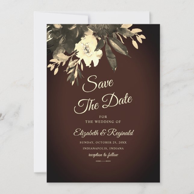 Romantische Dunkelbraun Fall Floral Save the Date (Vorderseite)